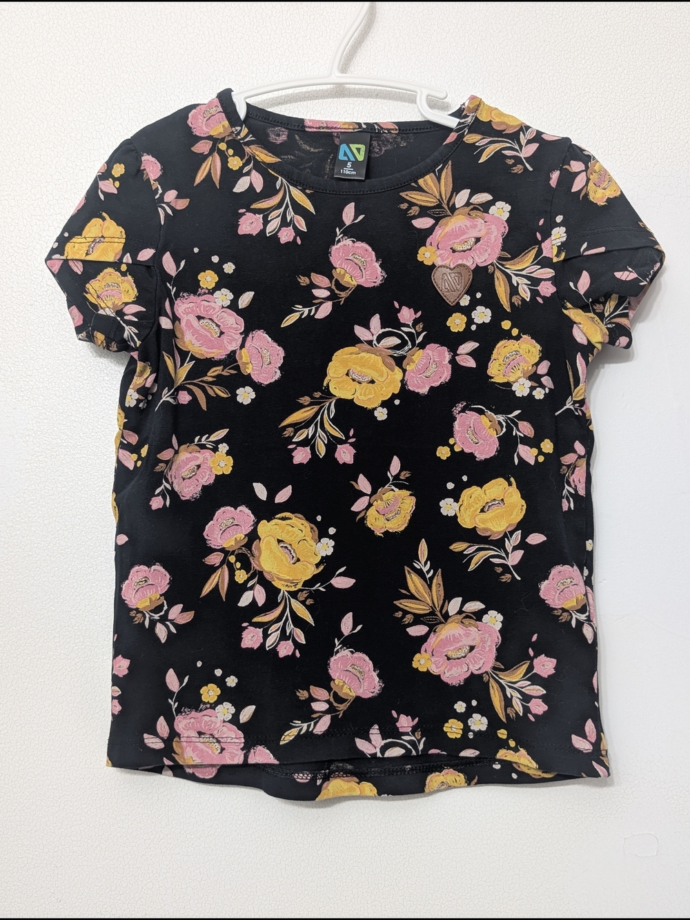 Nano Black Floral Short Sleeve Tee with Pink & Yellow Roses 5 Years